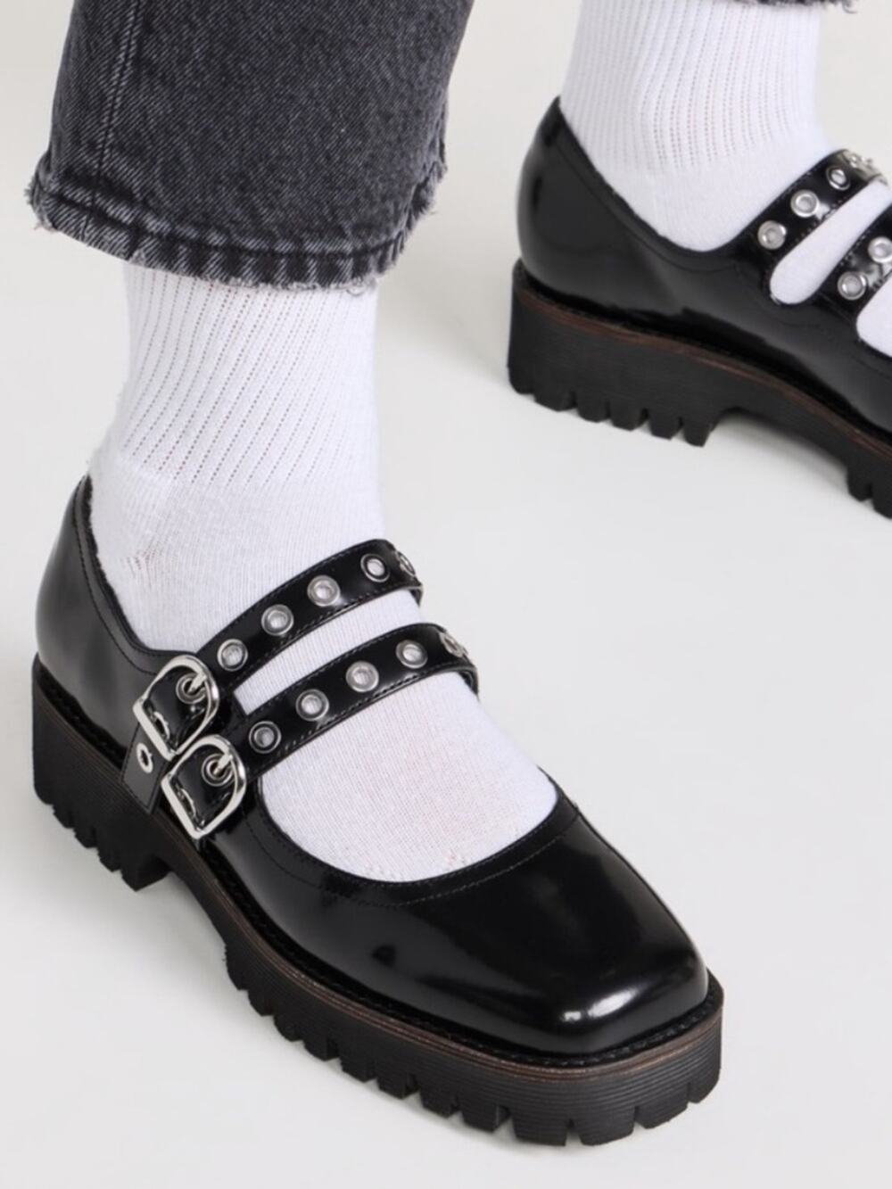 Intentionally Blank Black Patent Leather Studded Double-Strap Mary Jane Shoe 9